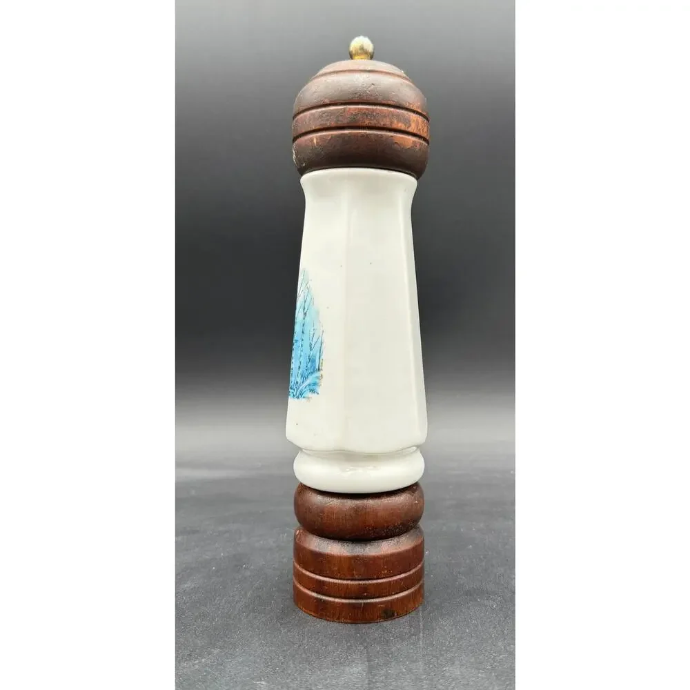 Vintage Pepper Grinder Wood and Porcelain Blue and White Winter Scene